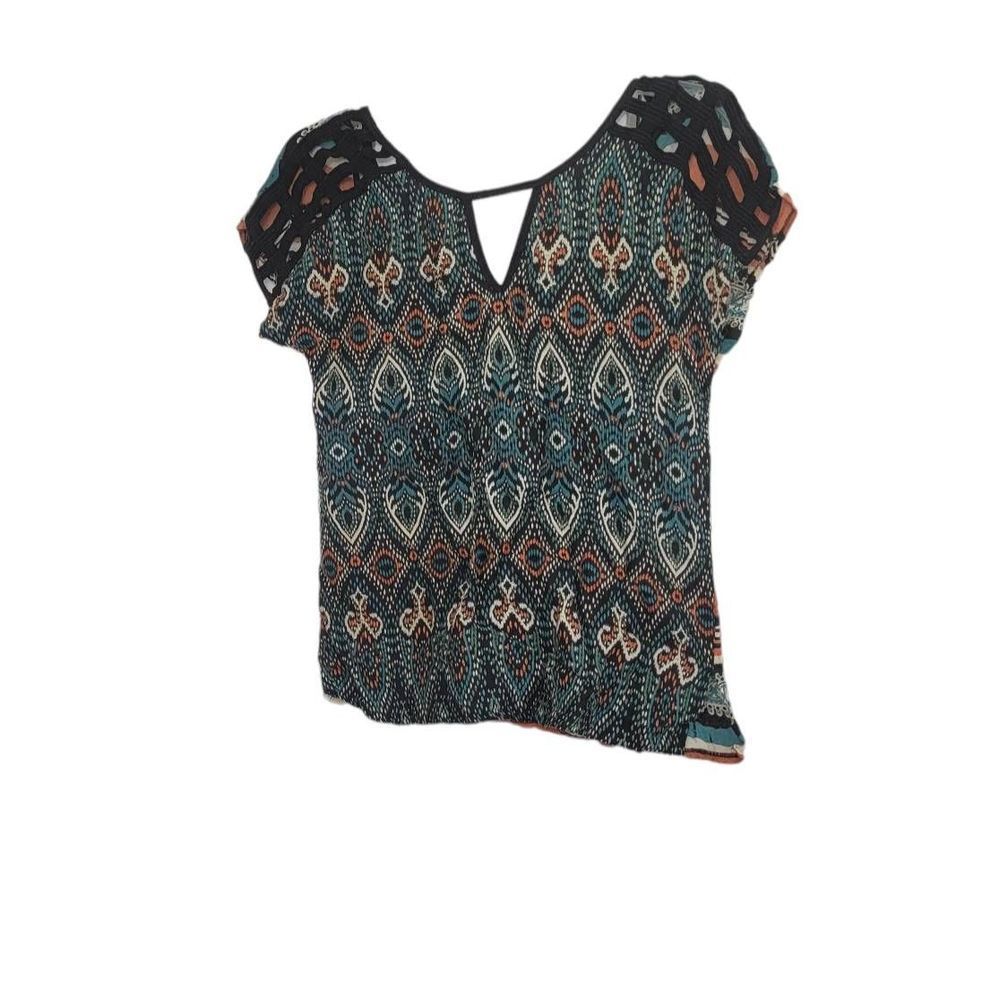 California Moon Rise Women's Cap Sleeve Abstract Blouse Top Tan Blue Size S/P